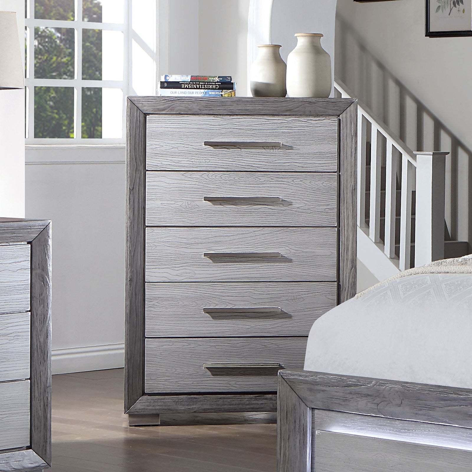Transitional Gray Chest/Dresser: Metal Glides, Bar Handles