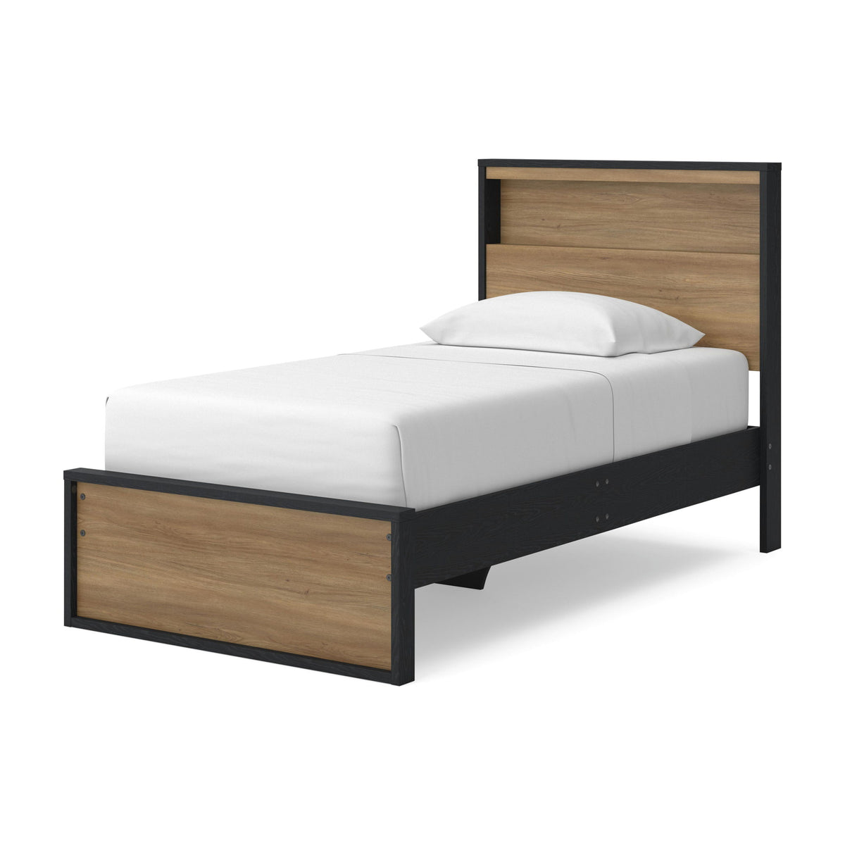 Bookcase bed frame with dark frame, wood panel headboard, white upholstered mattress