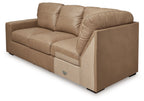Toffee-brown LAF corner wedge sofa with upholstered arms and three seat cushions