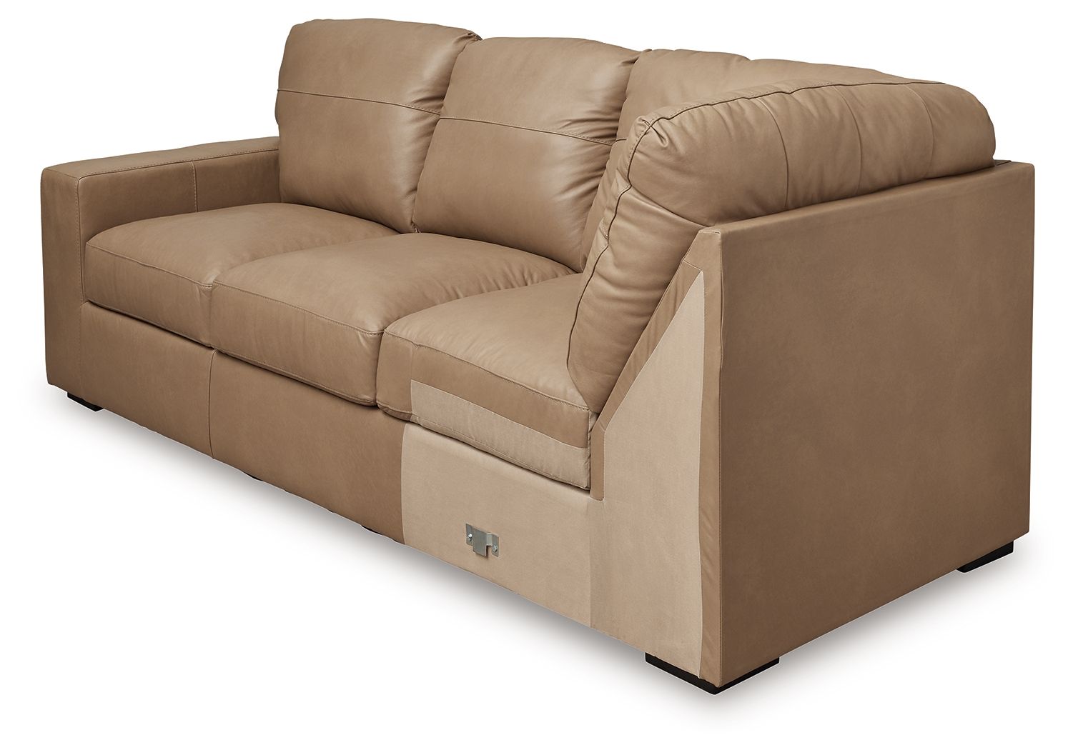 Toffee-brown LAF corner wedge sofa with upholstered arms and three seat cushions