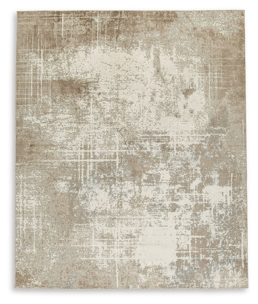 Light brown area rug with distressed abstract pattern and short pile