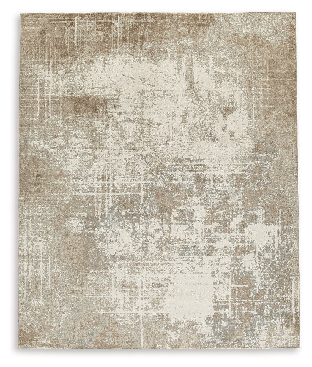 Light brown area rug with distressed abstract pattern and short pile