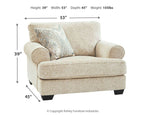 Chair and a half with size dimensions shown, sandstone light fabric upholstery and rolled arms
