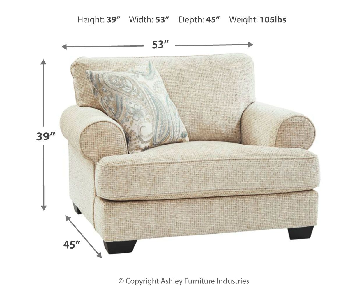Chair and a half with size dimensions shown, sandstone light fabric upholstery and rolled arms