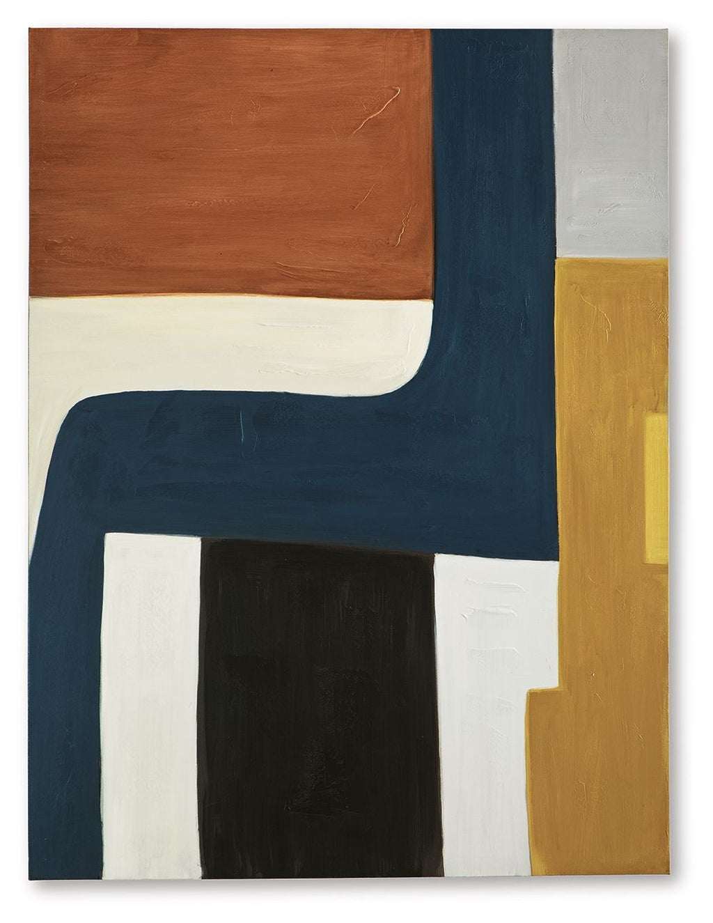 Abstract wall art with blue, rust, gold, and dark blocks on white background