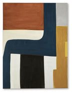 Abstract wall art with blue, rust, gold, and dark blocks on white background