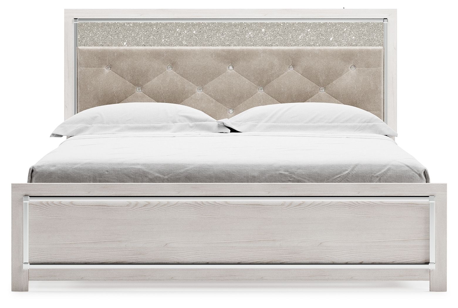 King bed with white wood frame and beige tufted headboard, upholstered panel