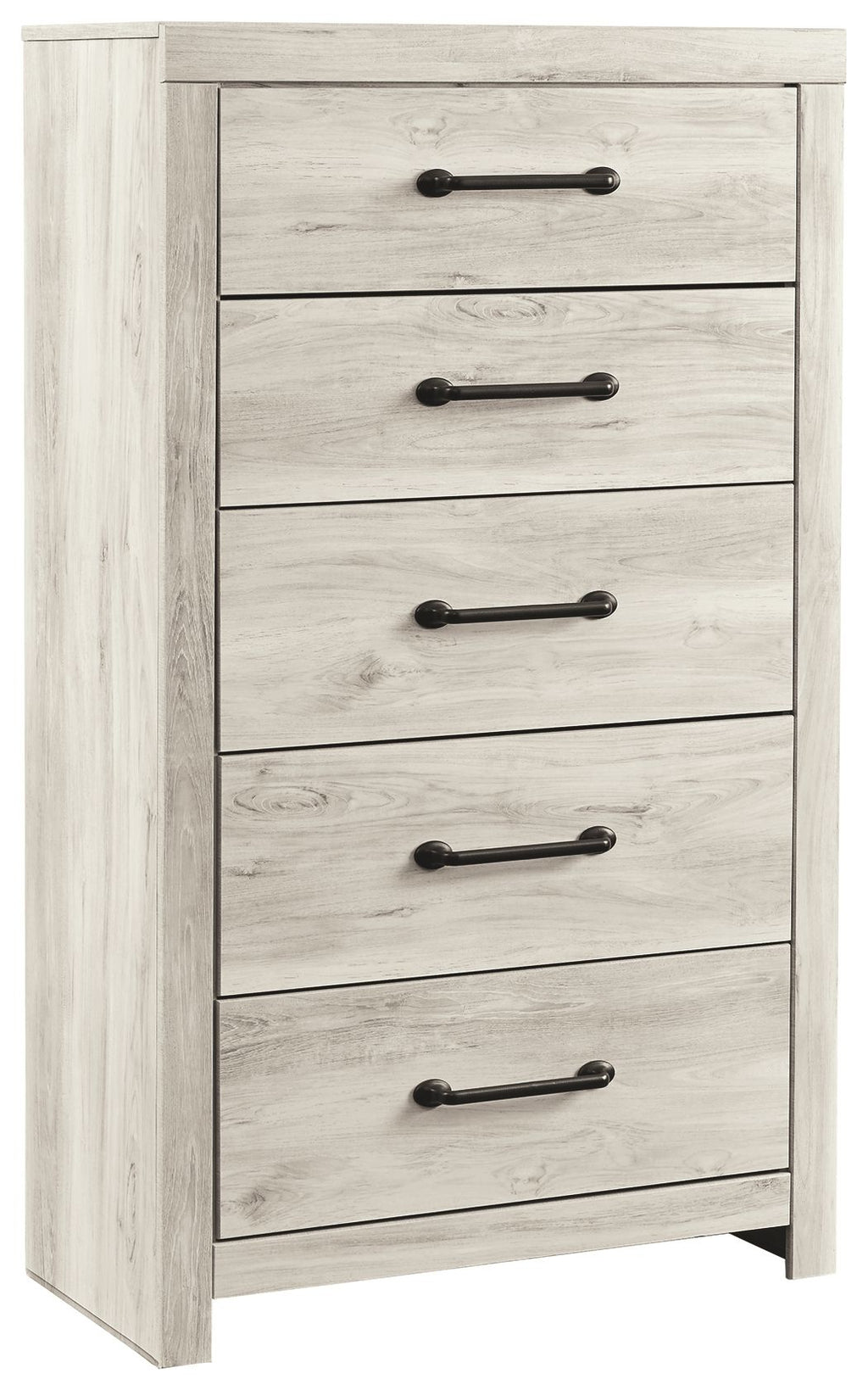 Close-up of whitewash chest drawers with black bar pulls