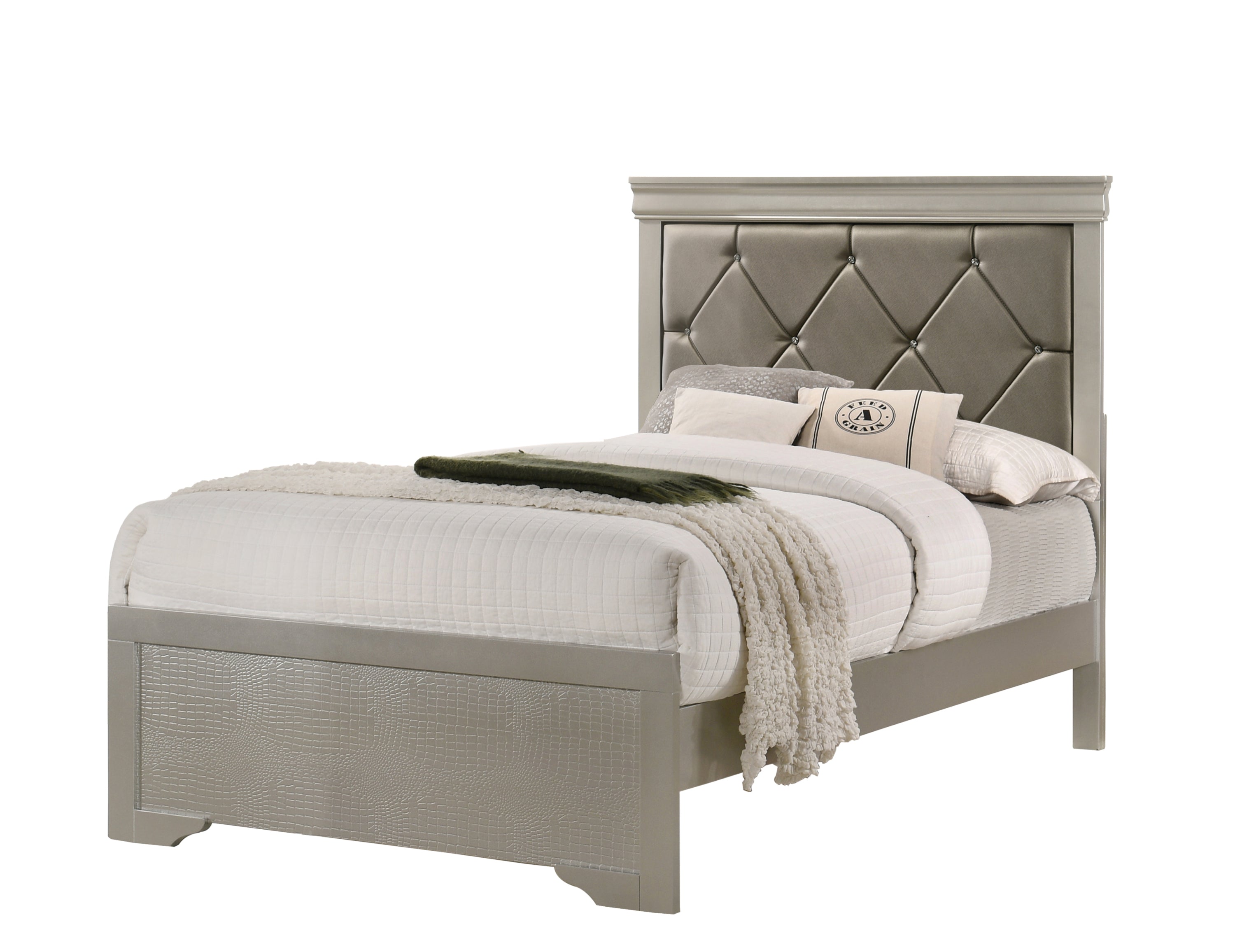 Twin Panel Bed - Beige Champagne Finish, Croc PU Headboard, Crystal Tufted