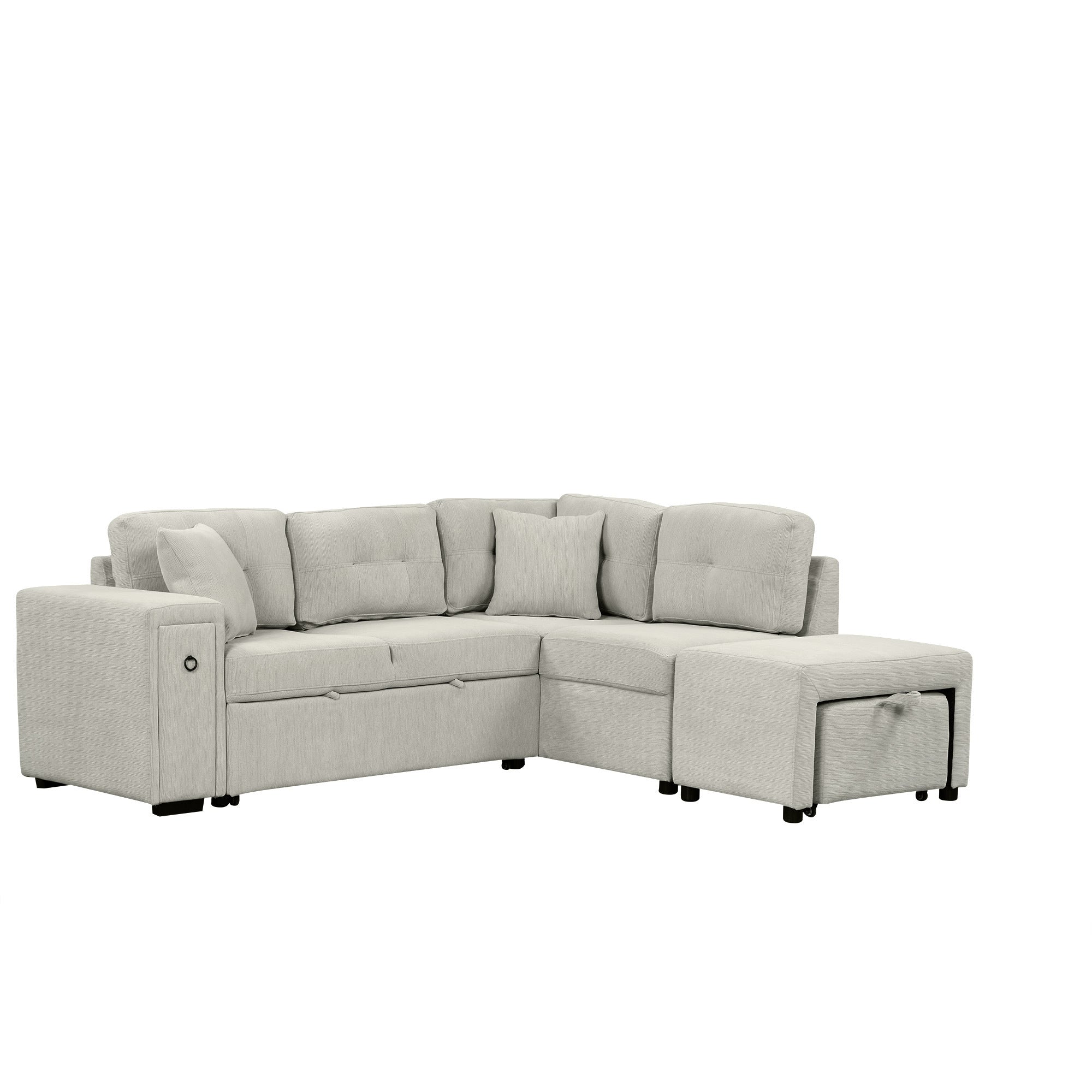 Gray L-Shaped Sectional Sofa: Pull-Out Bed, USB, Ottoman