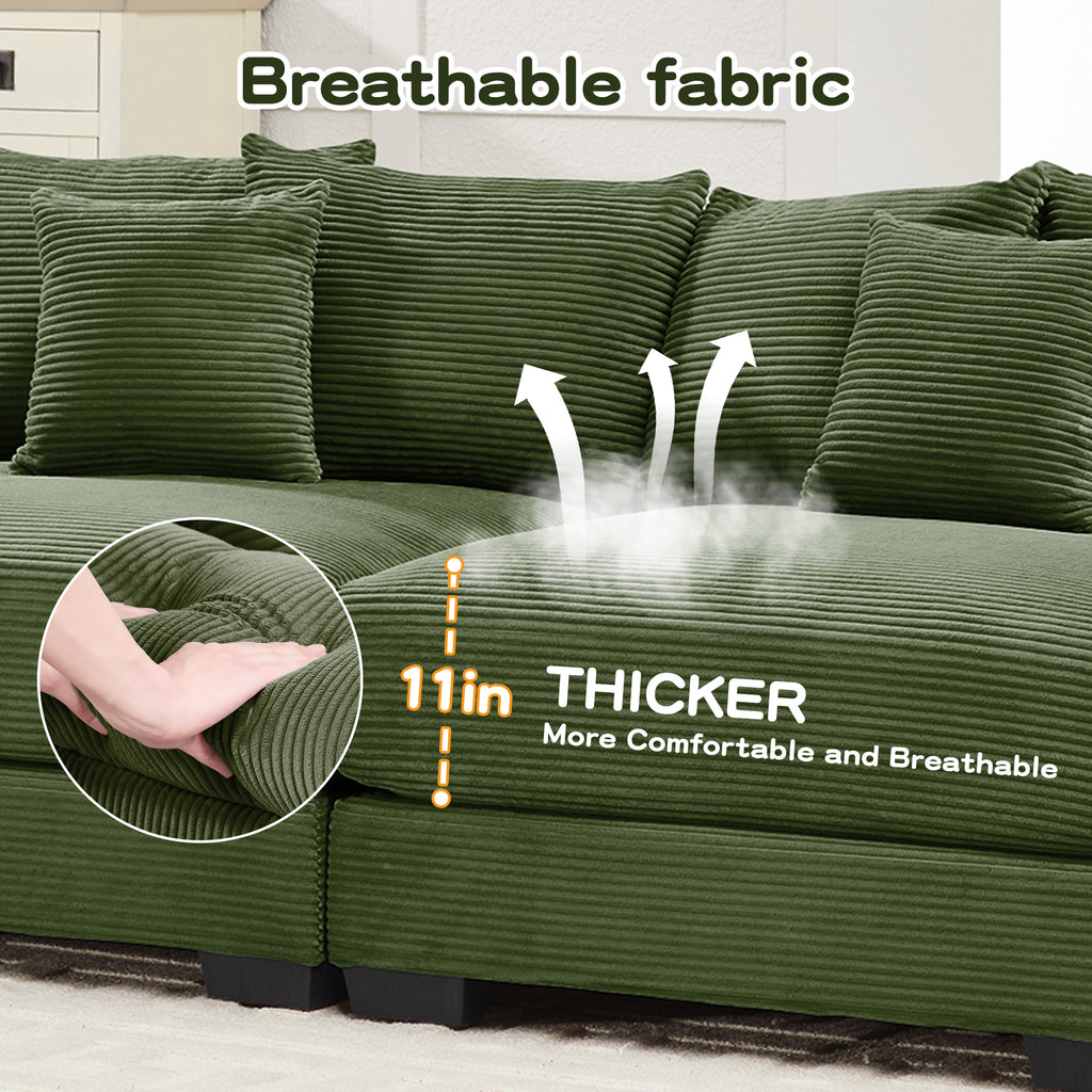 Green corduroy sectional cushions with thick seat padding and ridged fabric