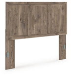 Light brown panel headboard with raised wood grain and side metal brackets