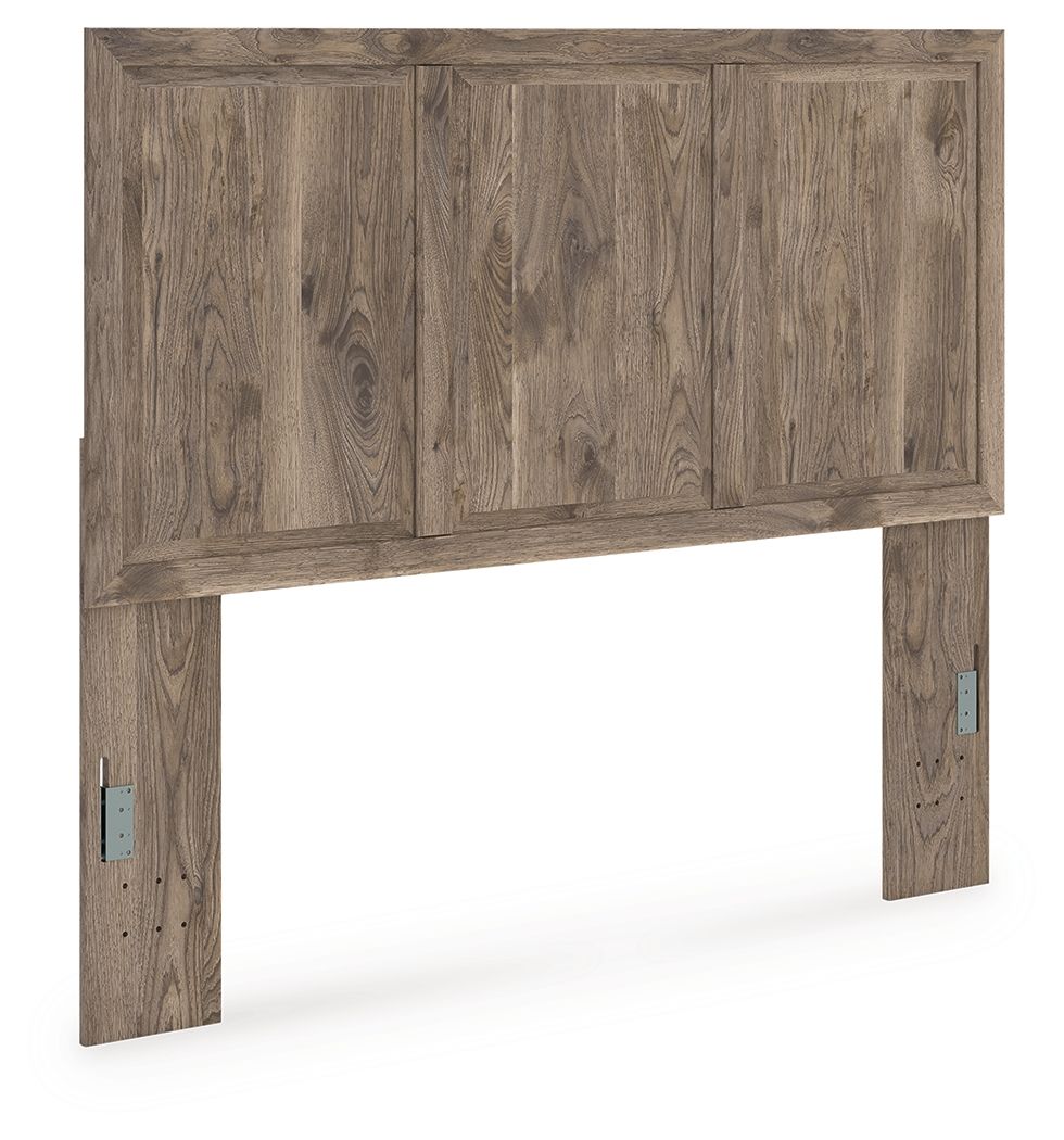 Light brown panel headboard with raised wood grain and side metal brackets