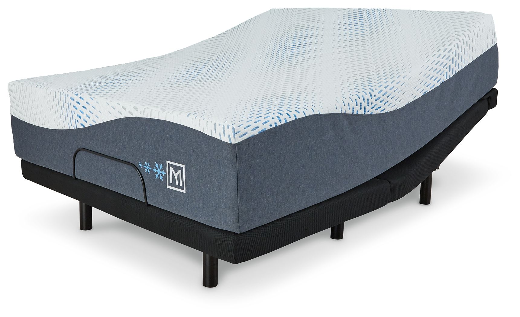 Firm hybrid mattress on dark legs, gray sides, white textured top surface