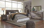 Gray wood dresser with mirror and six drawers, metal bar pulls