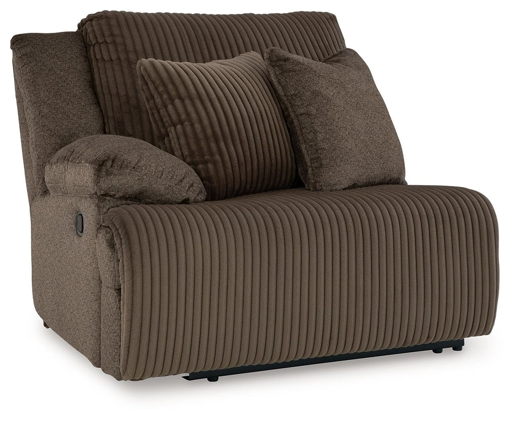 Chocolate wall recliner with corded ribbed fabric and tufted back cushions