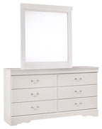 White dresser with mirror and six drawers, curved metal pulls