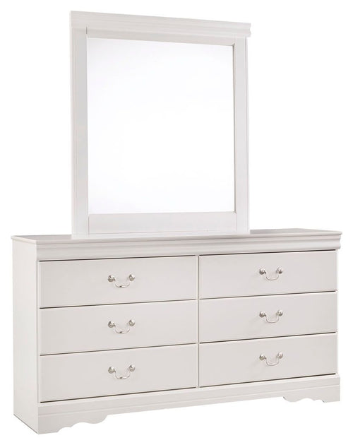 White dresser with four drawers and inset panel mirror