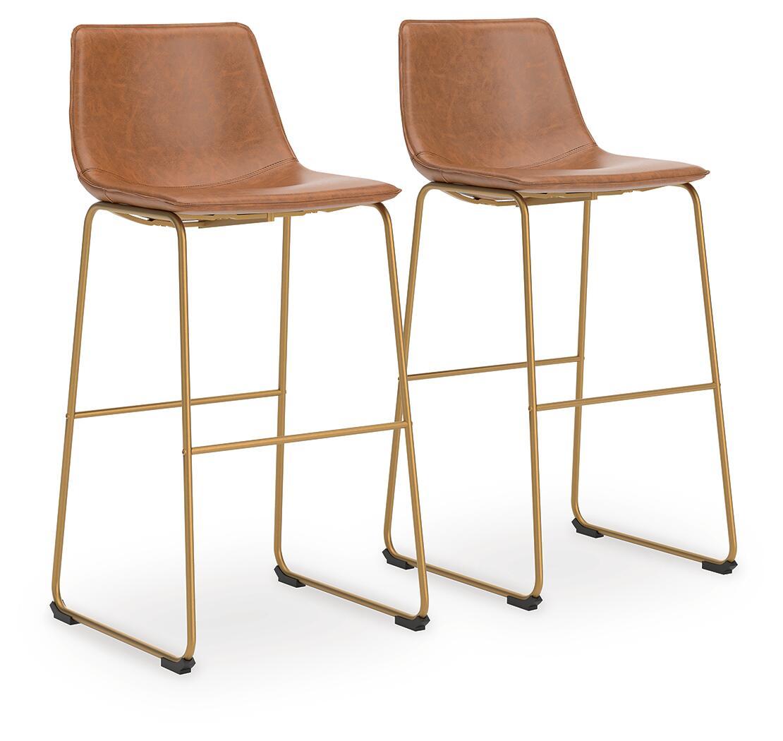 Set of 2 tall upholstered barstools with light brown seats and gold metal legs, footrests