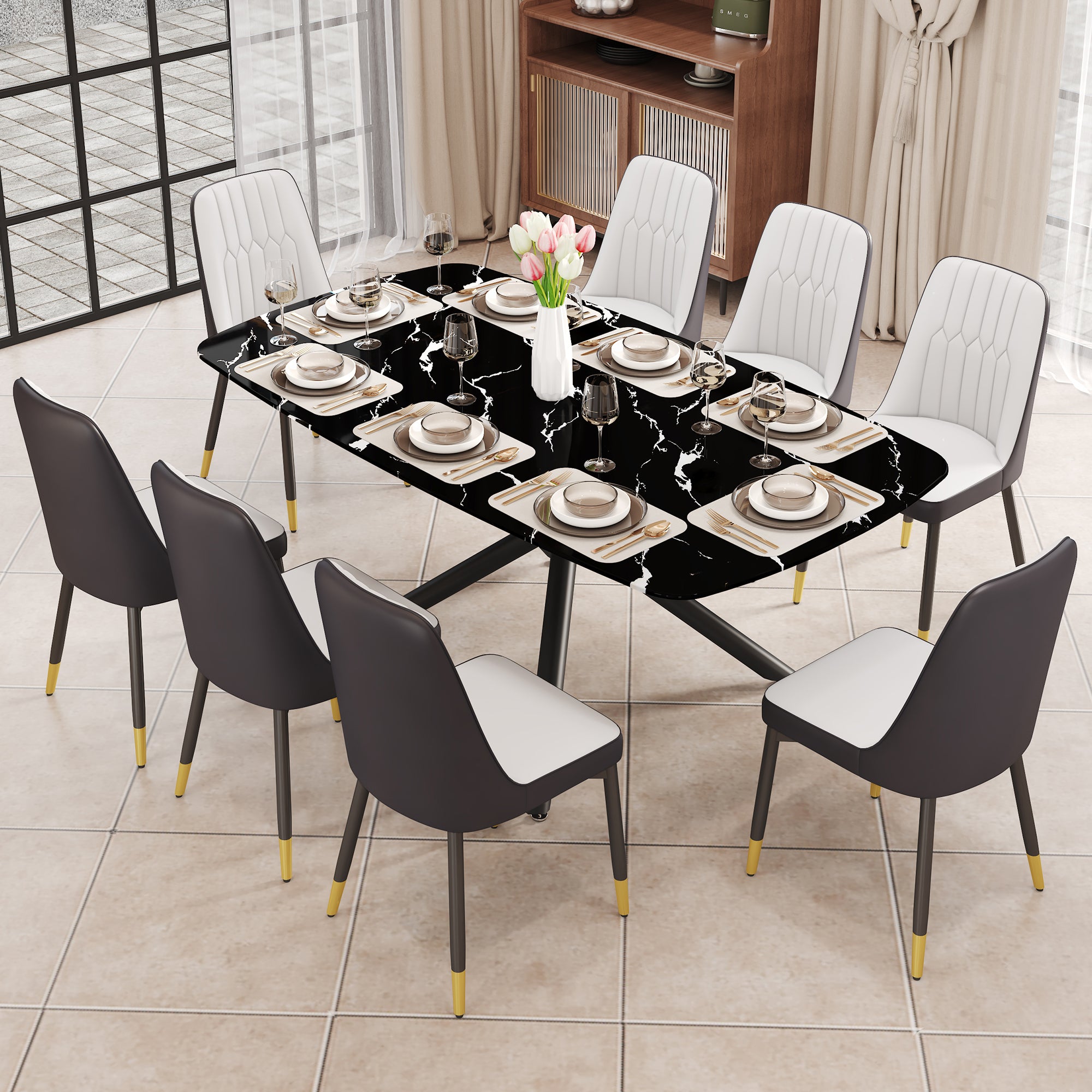 9-Piece Dining Set with Marble-Like Table & 8 Chairs