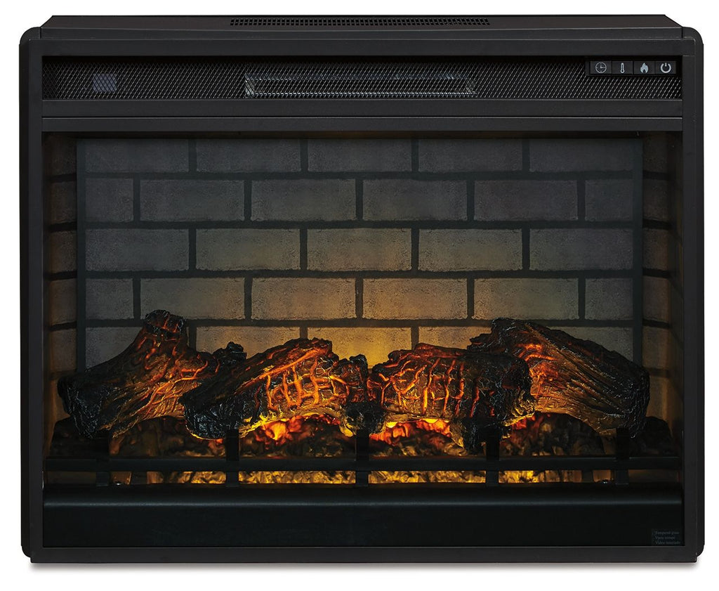 Black infrared fireplace insert front view with red-orange ember glow and logs