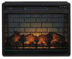 Black infrared fireplace insert front view with red-orange ember glow and logs