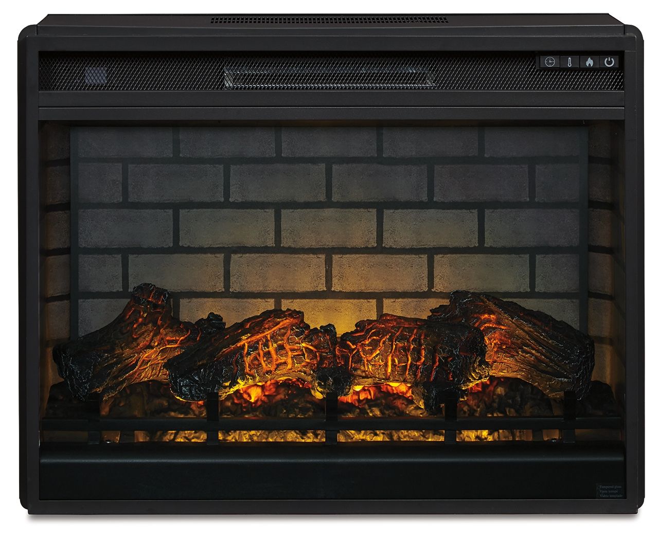Black infrared fireplace insert front view with red-orange ember glow and logs