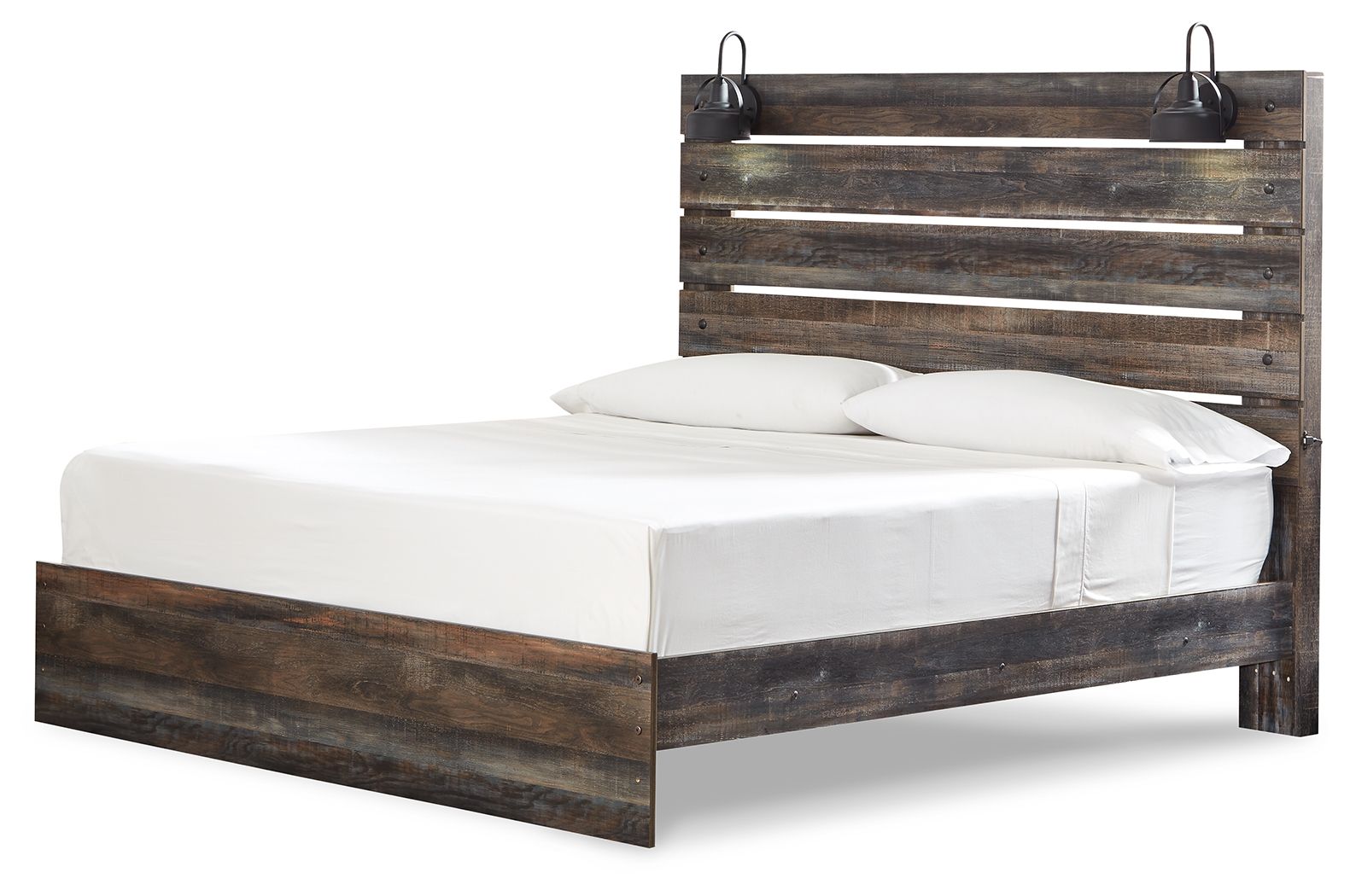 Panel bed with slatted headboard and dark wood rails, white upholstered mattress set