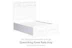 White wood bed panel rails with two drawer fronts and metal knobs