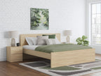 Light brown panel platform bed with slatted base and two side storage drawers