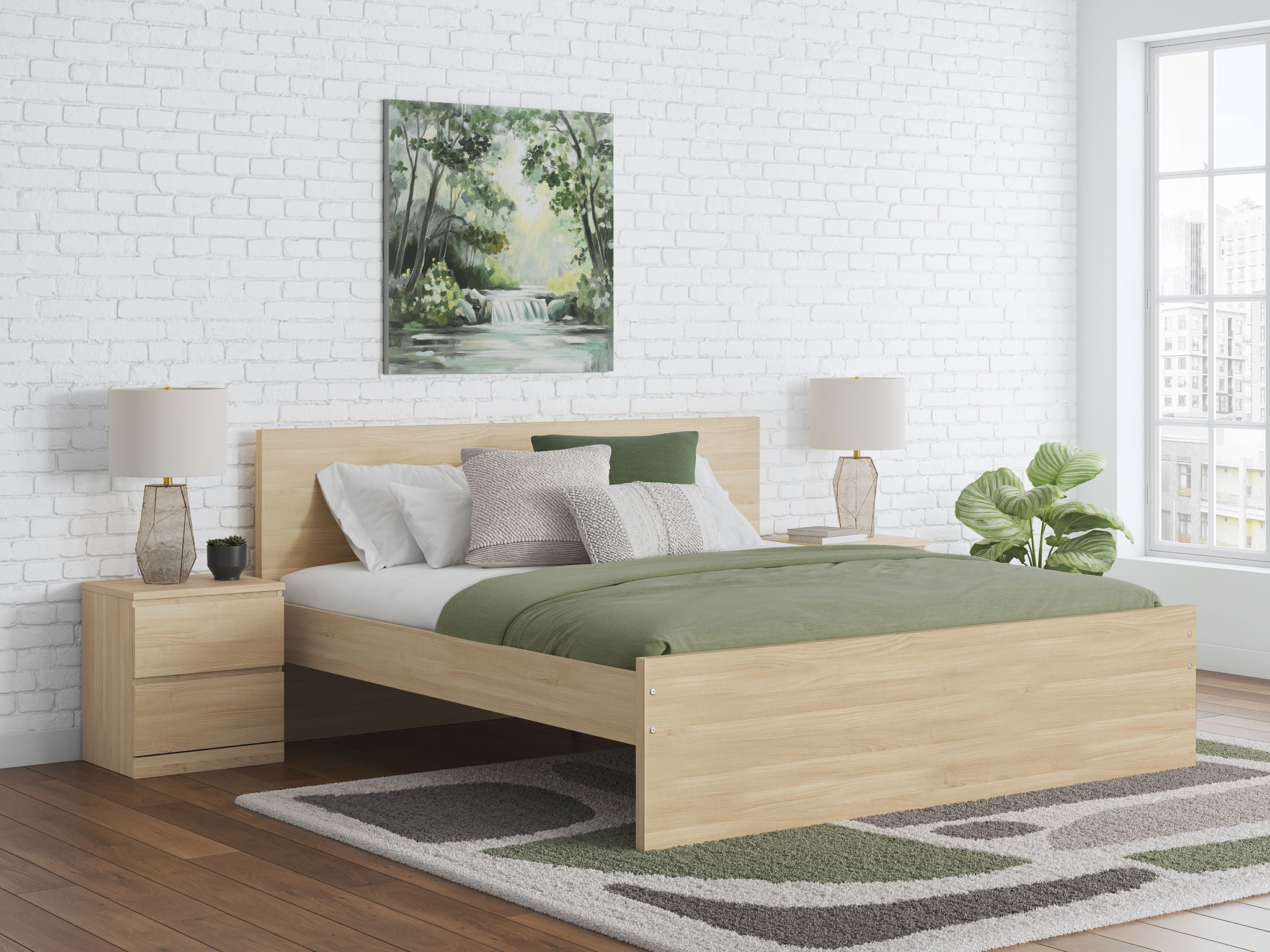Light brown panel platform bed with slatted base and two side storage drawers