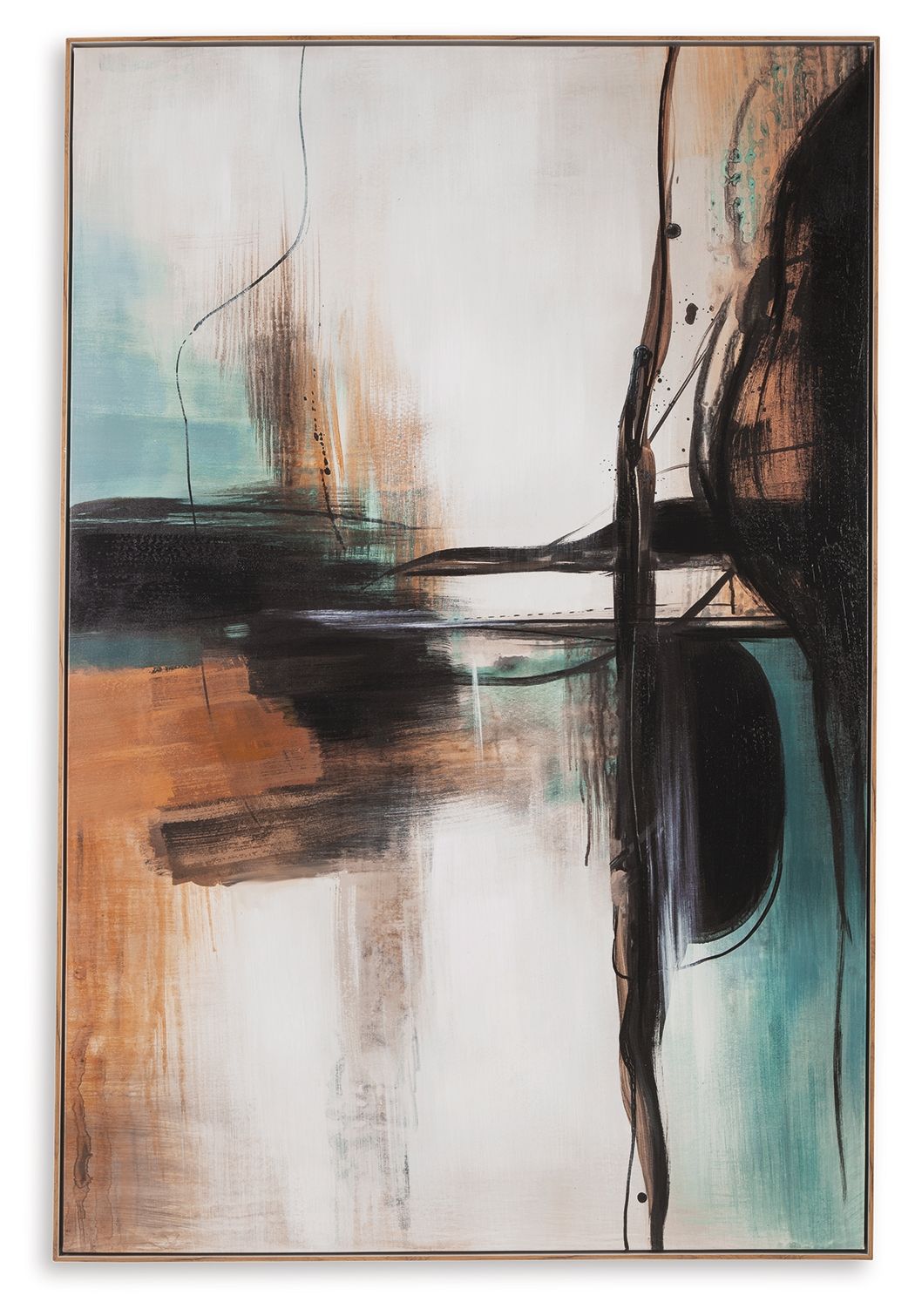 Brunonia abstract wall art, teal and orange blocks with dark black linear accents