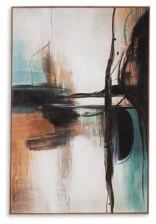 Brunonia abstract wall art, teal and orange blocks with dark black linear accents
