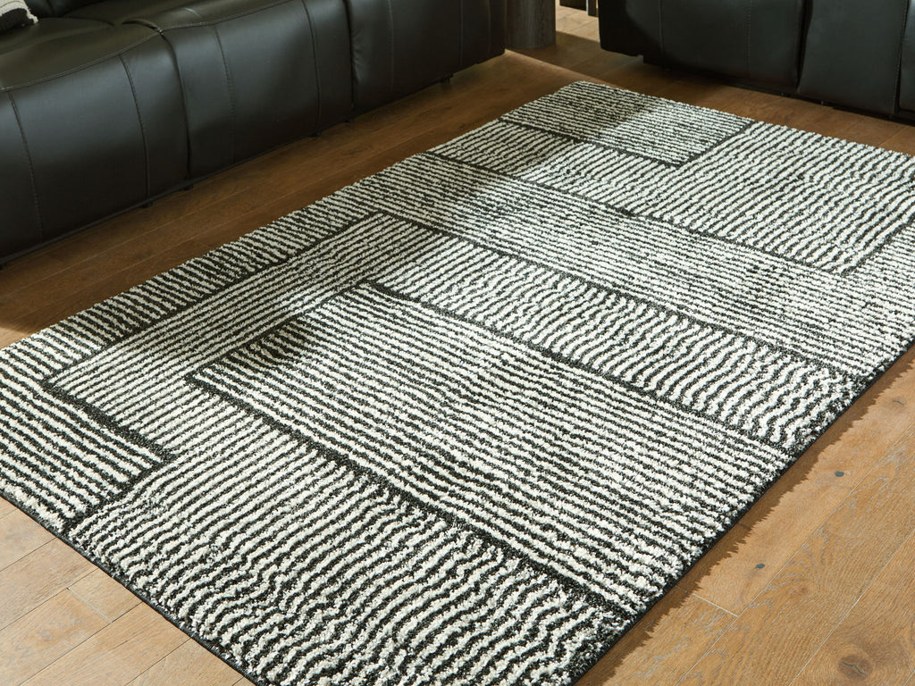 Black-and-white striped geometric rug with framed border lines.