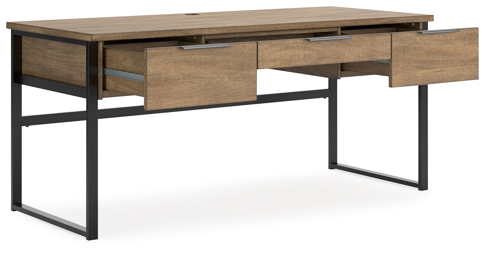 Light brown home office desk with multiple drawers and open center area, black metal legs.