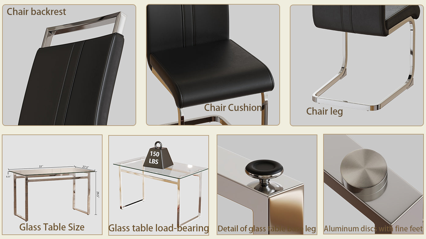 51" Glass Dining Table Set for 4 - Silver Legs