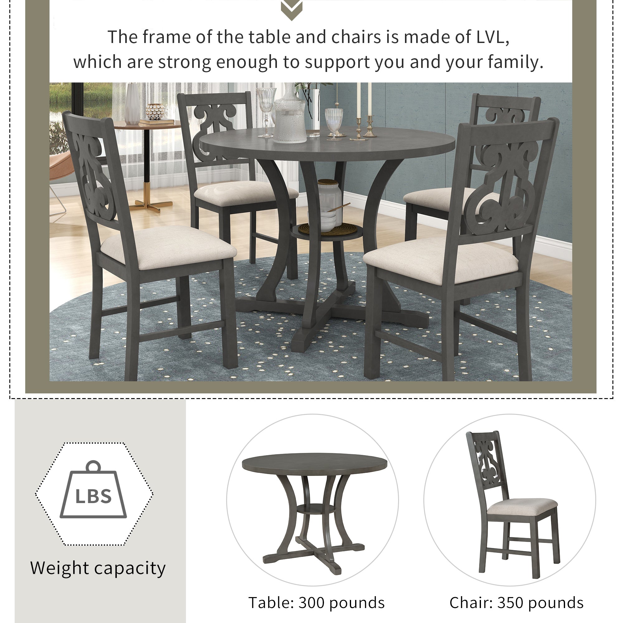 5-Pc Round Dining Set w/ Hollow Back Chairs (Gray)