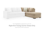 Right-arm corner chaise section in almond fabric with black feet, paired with white sofa