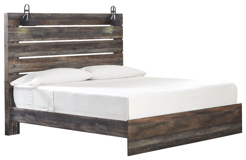 Dark wood panel bed frame with slatted headboard, drawer-front sides, and white pillows