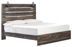 Dark wood panel bed frame with slatted headboard, drawer-front sides, and white pillows