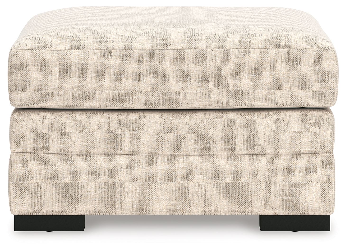 Light beige jute-look ottoman with upholstered sides and black block legs