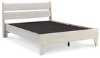 Beige panel platform bed frame with black platform and slatted headboard