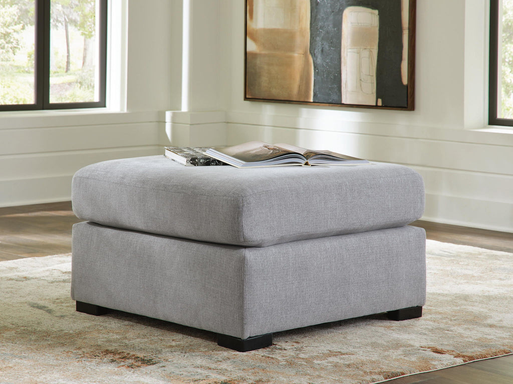 Lakepoint oversized accent ottoman, light gray padded top and boxy base with dark feet