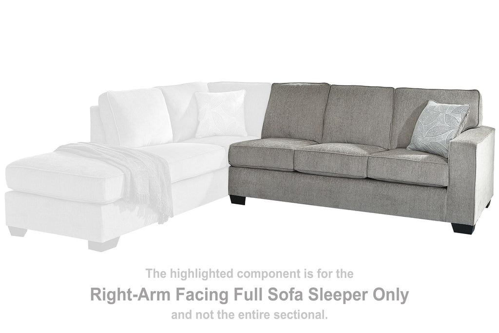 Right-arm facing grey full sofa sleeper with chaise and two pillows