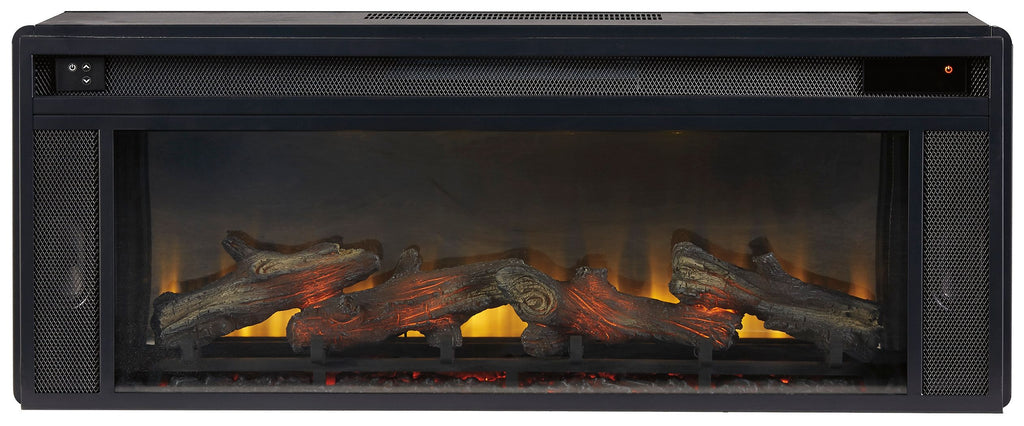 Rectangular black fireplace insert front view with glass panel, glowing logs and embers