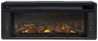 Rectangular black fireplace insert front view with glass panel, glowing logs and embers