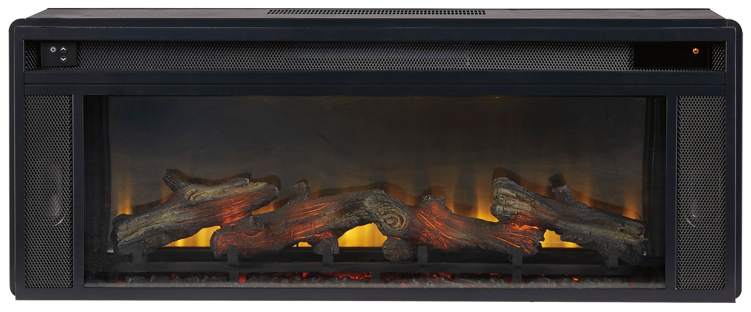 Rectangular black fireplace insert front view with glass panel, glowing logs and embers