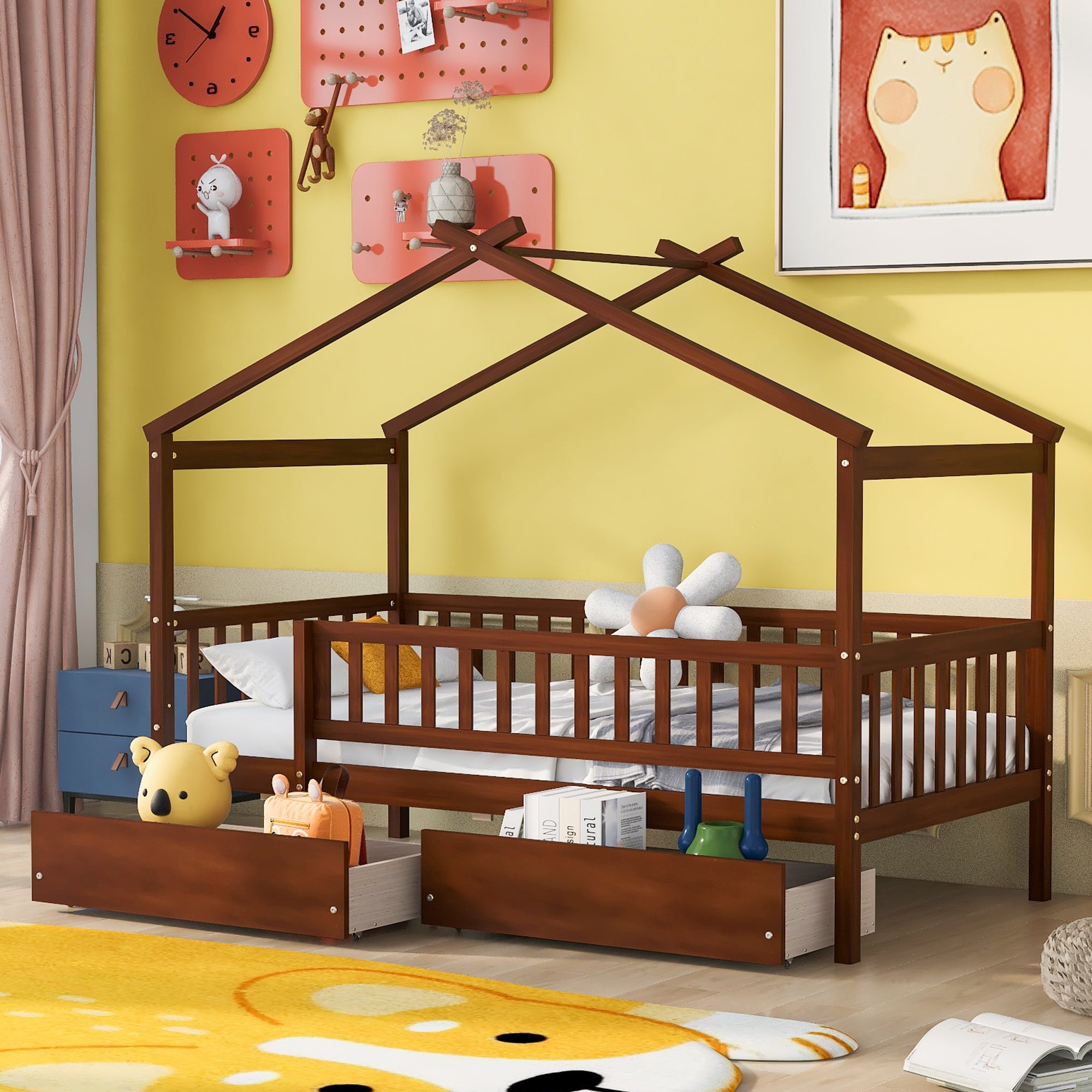 Twin Size Wooden House Bed with Two Drawers - Walnut Frame