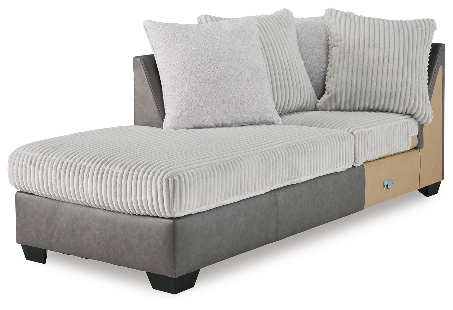 Gray and light gray corner chaise with ribbed cushions and two throw pillows