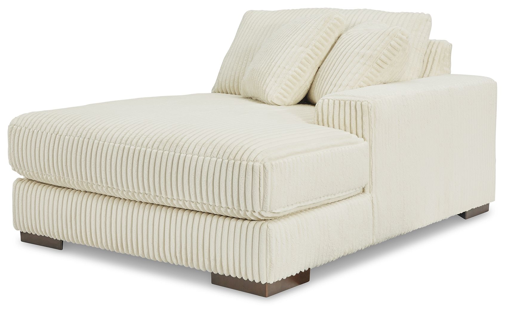 Ivory corded corner chaise sofa with striped upholstery and two back pillows